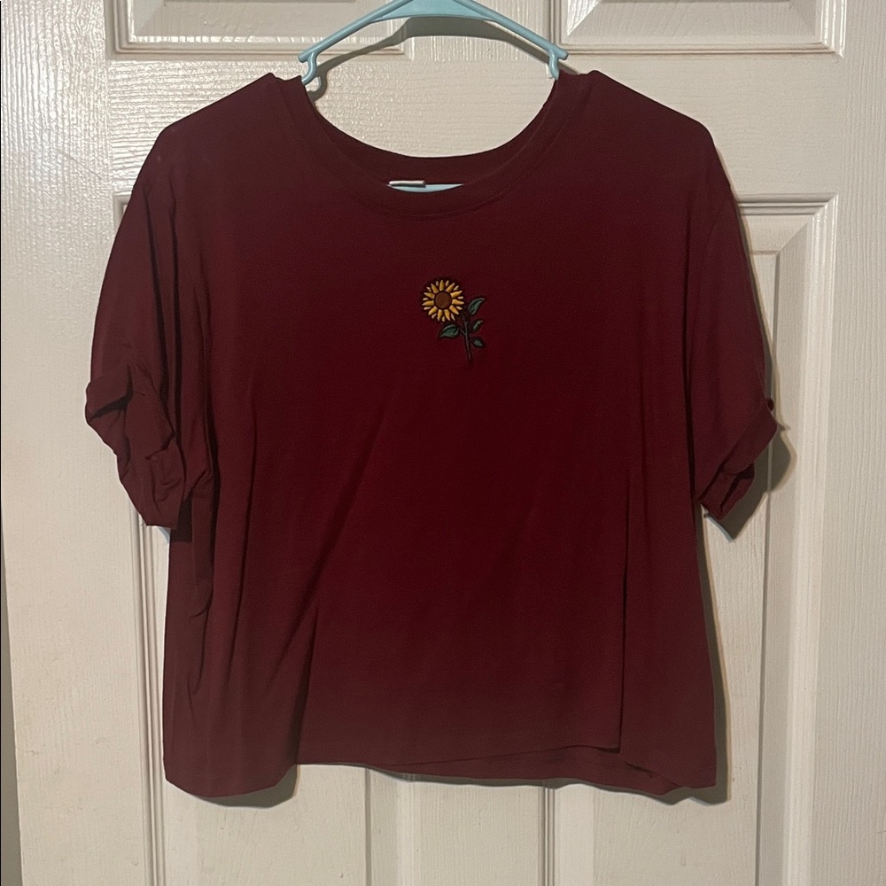 Vibe Maroon Tee with Sunflower Embroidery